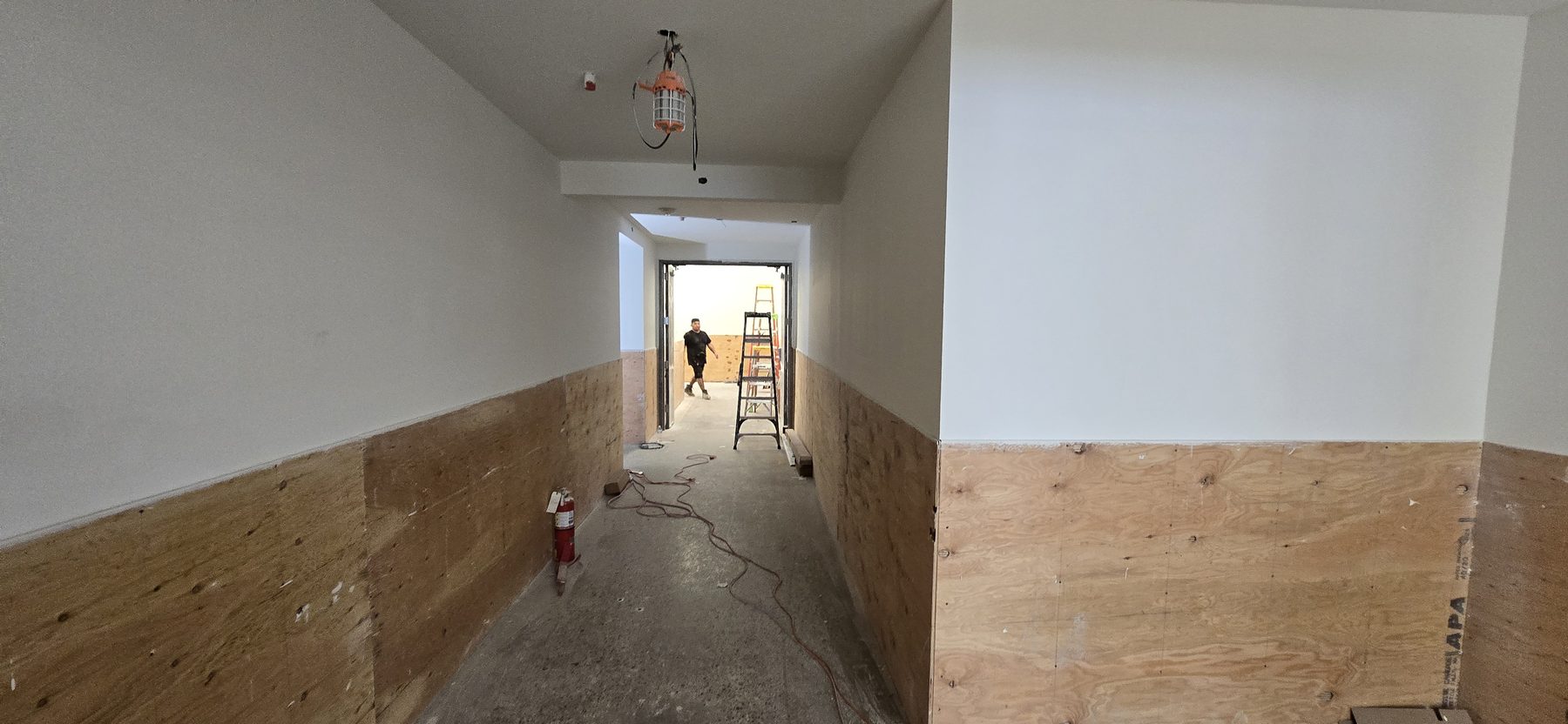 Commercial hallway drywall finishing with wall protection by Finishing Touch, LLC in St. Paul, MN