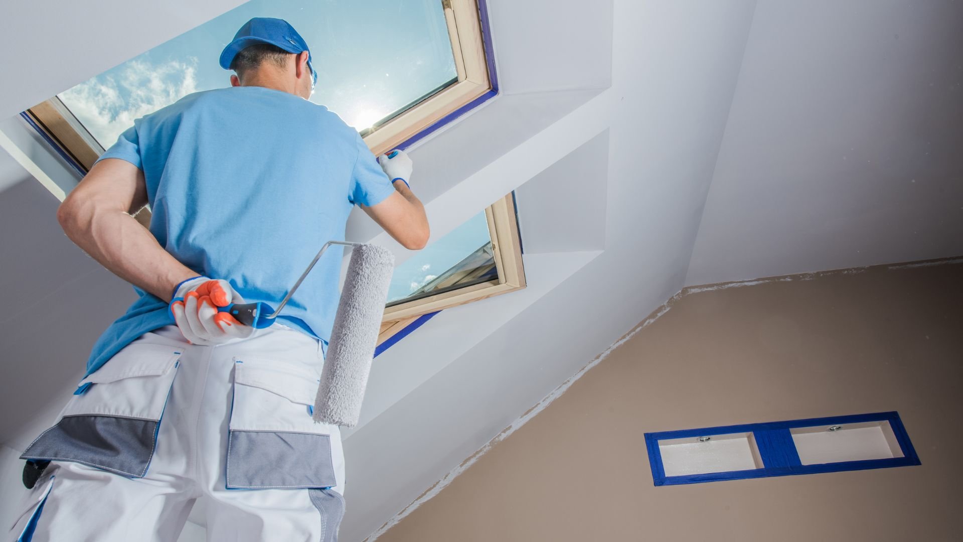 Painter in blue shirt painting interior wall near skylight window